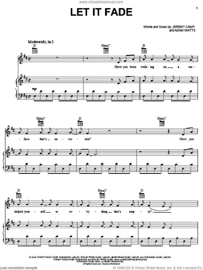 Let It Fade sheet music for voice, piano or guitar by Jeremy Camp and Adam Watts, intermediate skill level