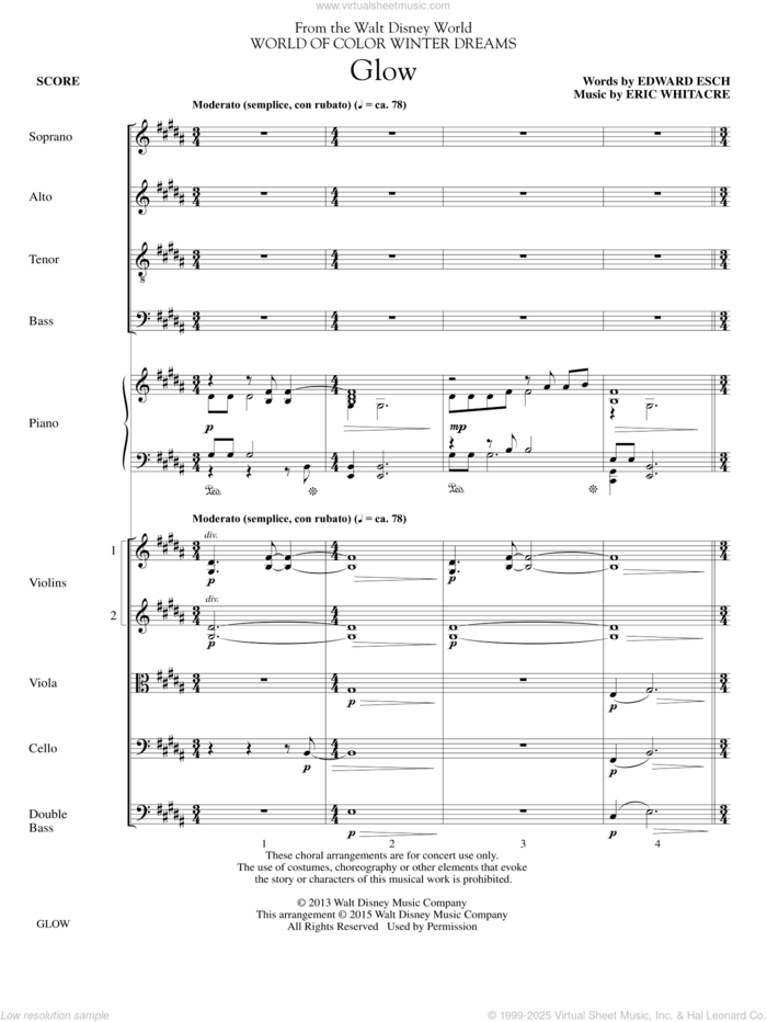 Glow sheet music for orchestra/band (Strings) by Eric Whitacre, intermediate skill level