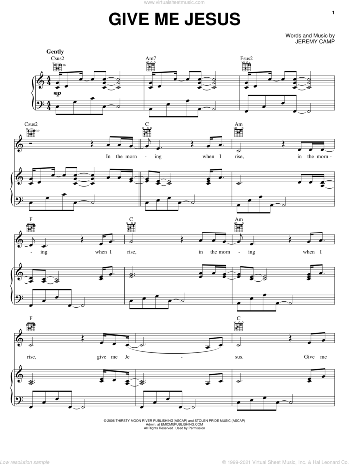 Give Me Jesus sheet music for voice, piano or guitar by Jeremy Camp and Fernando Ortega, intermediate skill level