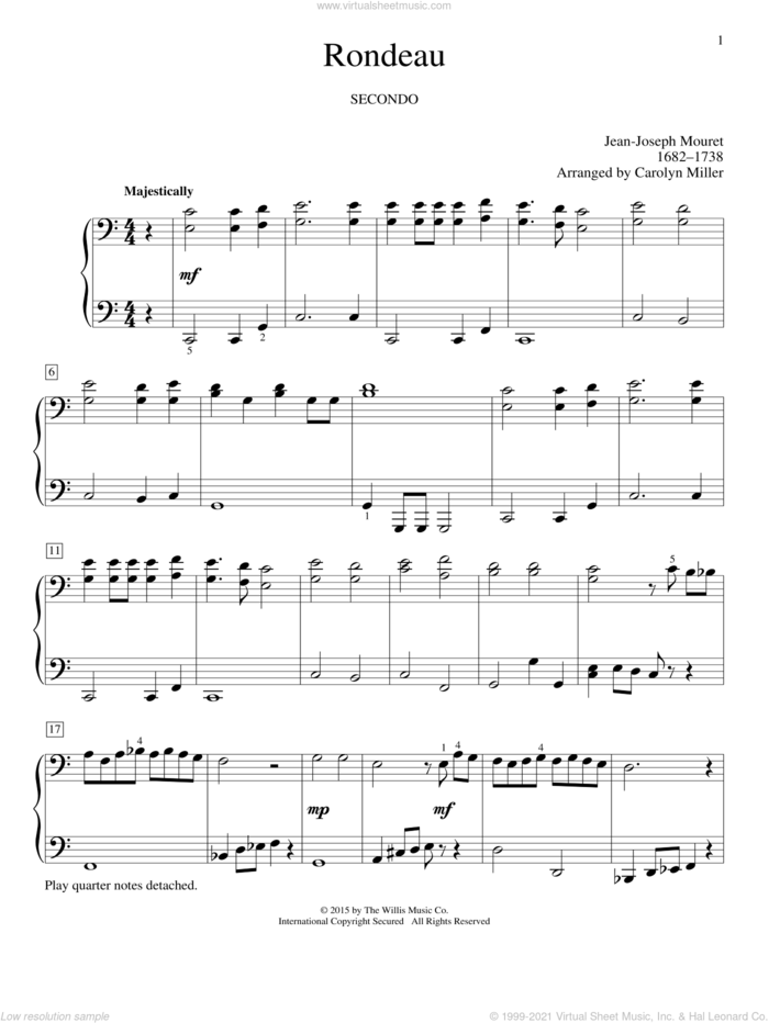 Rondeau sheet music for piano four hands by Jean-Joseph Mouret, Carolyn Miller, Eric Baumgartner and Glenda Austin, wedding score, intermediate skill level