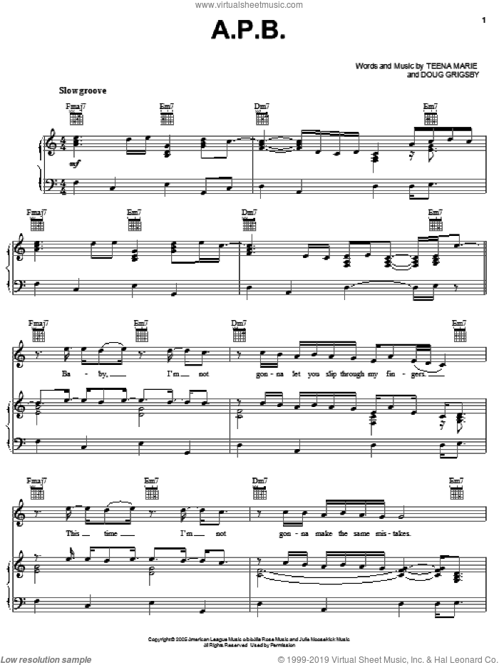 A.P.B. sheet music for voice, piano or guitar by Teena Marie and Doug Grigsby, intermediate skill level