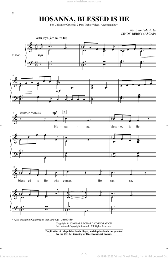 Hosanna, Blessed Is He sheet music for choir (2-Part) by Cindy Berry, intermediate duet