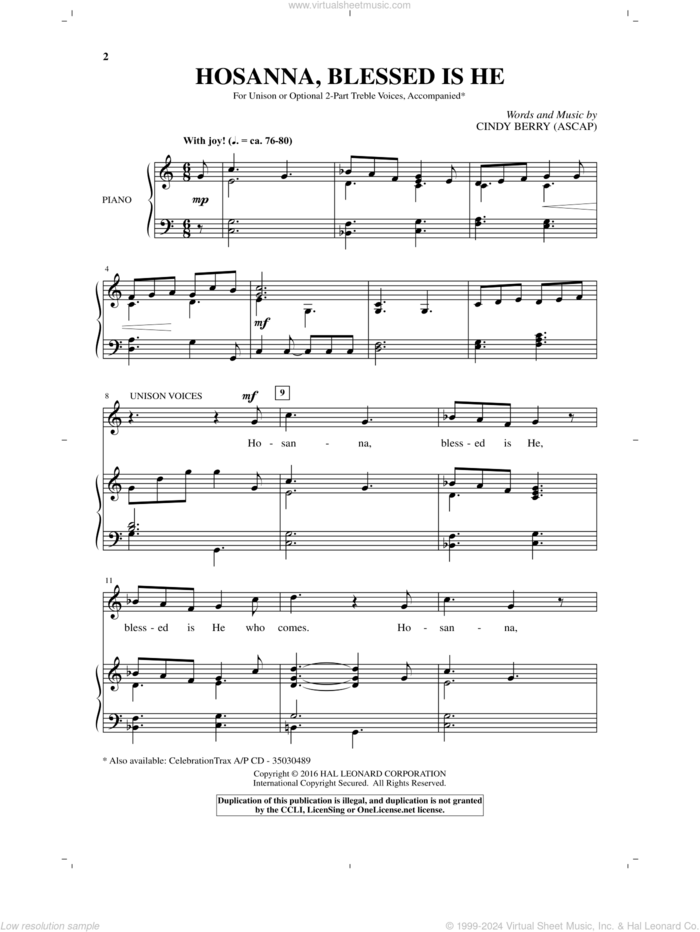 Hosanna, Blessed Is He sheet music for choir (2-Part) by Cindy Berry, intermediate duet