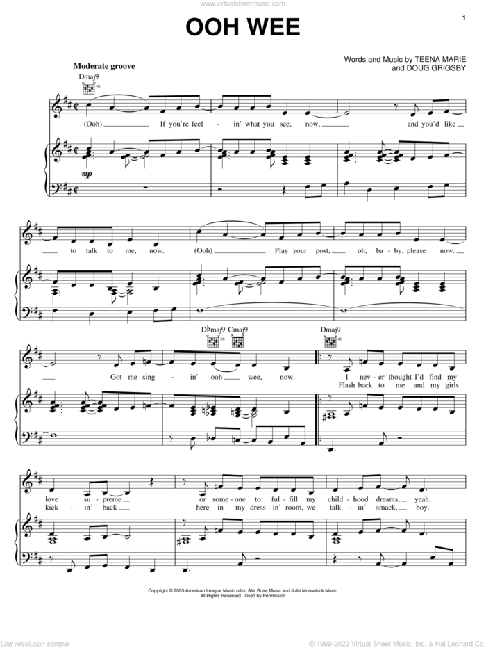 Ooh Wee sheet music for voice, piano or guitar by Teena Marie and Doug Grigsby, intermediate skill level