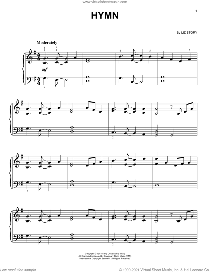 Hymn sheet music for piano solo by Liz Story, easy skill level