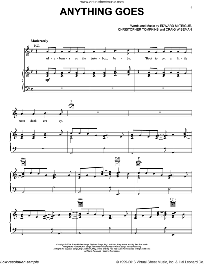 Anything Goes sheet music for voice, piano or guitar by Florida Georgia Line, Christopher Tompkins, Craig Wiseman and Edward McTeigue, intermediate skill level