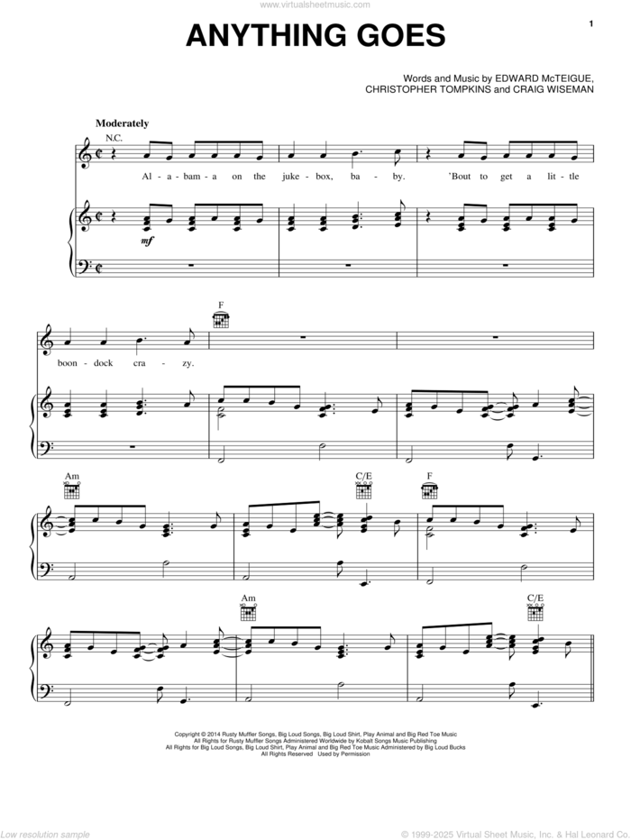 Anything Goes sheet music for voice, piano or guitar by Florida Georgia Line, Christopher Tompkins, Craig Wiseman and Edward McTeigue, intermediate skill level