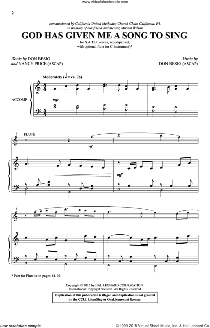 God Has Given Me A Song To Sing sheet music for choir (SATB: soprano, alto, tenor, bass) by Don Besig, Nancy Price and Johann Pachelbel, intermediate skill level