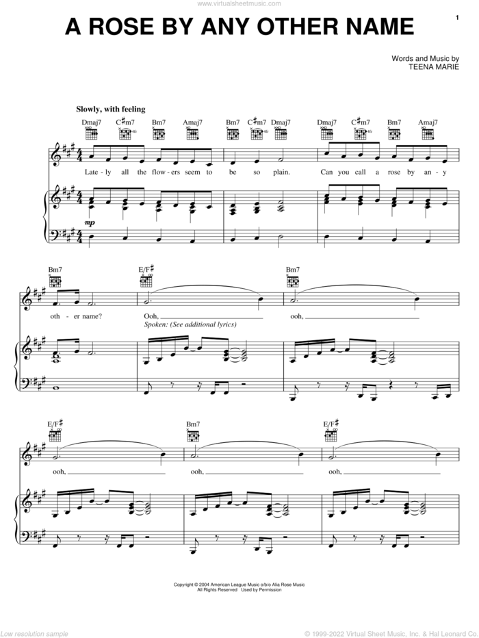 A Rose By Any Other Name sheet music for voice, piano or guitar by Teena Marie, intermediate skill level