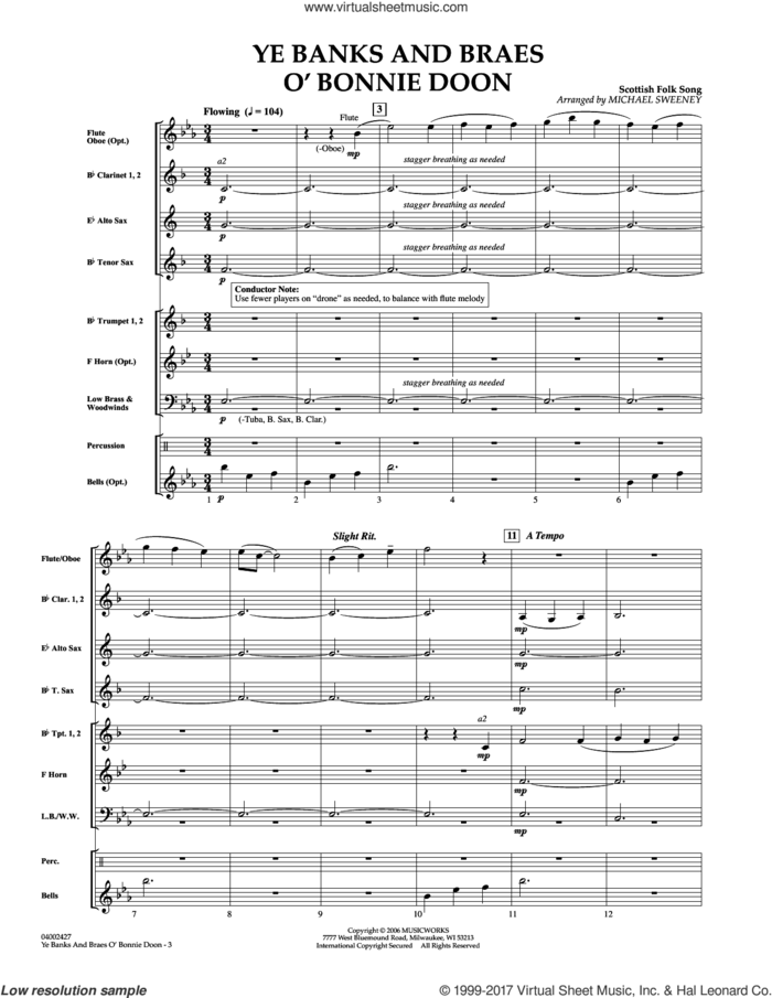 Ye Banks and Braes o' Bonnie Doon (COMPLETE) sheet music for concert band by Michael Sweeney, Charles Miller, 1788 and Robert Burns, intermediate skill level