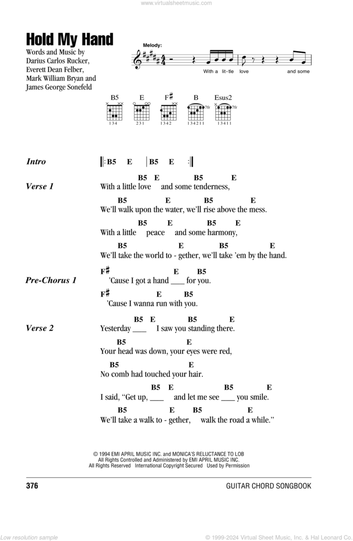 Hold My Hand sheet music for guitar (chords) by Hootie & The Blowfish, Darius Carlos Rucker, Everett Dean Felber, James George Sonefeld and Mark William Bryan, intermediate skill level