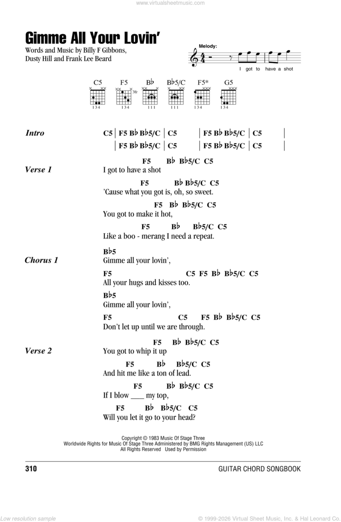 Gimme All Your Lovin' sheet music for guitar (chords) by ZZ Top, Billy Gibbons, Dusty Hill and Frank Beard, intermediate skill level