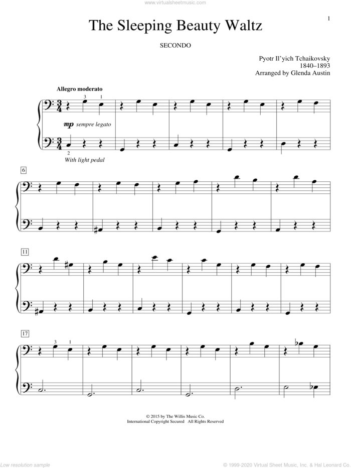 The Sleeping Beauty Waltz sheet music for piano four hands by Glenda Austin and Pyotr Ilyich Tchaikovsky, classical score, intermediate skill level