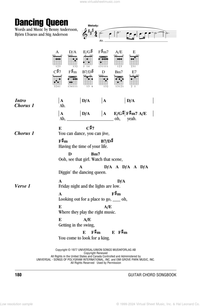 Dancing Queen sheet music for guitar (chords) by ABBA, Benny Andersson, Bjorn Ulvaeus and Stig Anderson, intermediate skill level