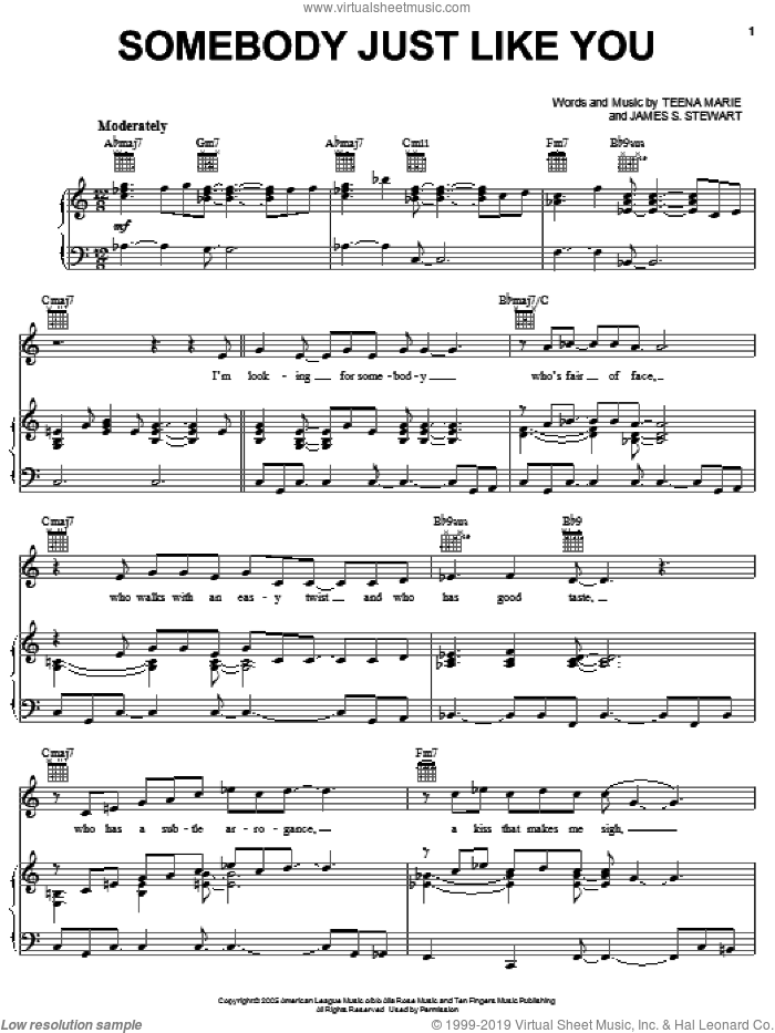 Somebody Just Like You sheet music for voice, piano or guitar by Teena Marie and James S. Stewart, intermediate skill level