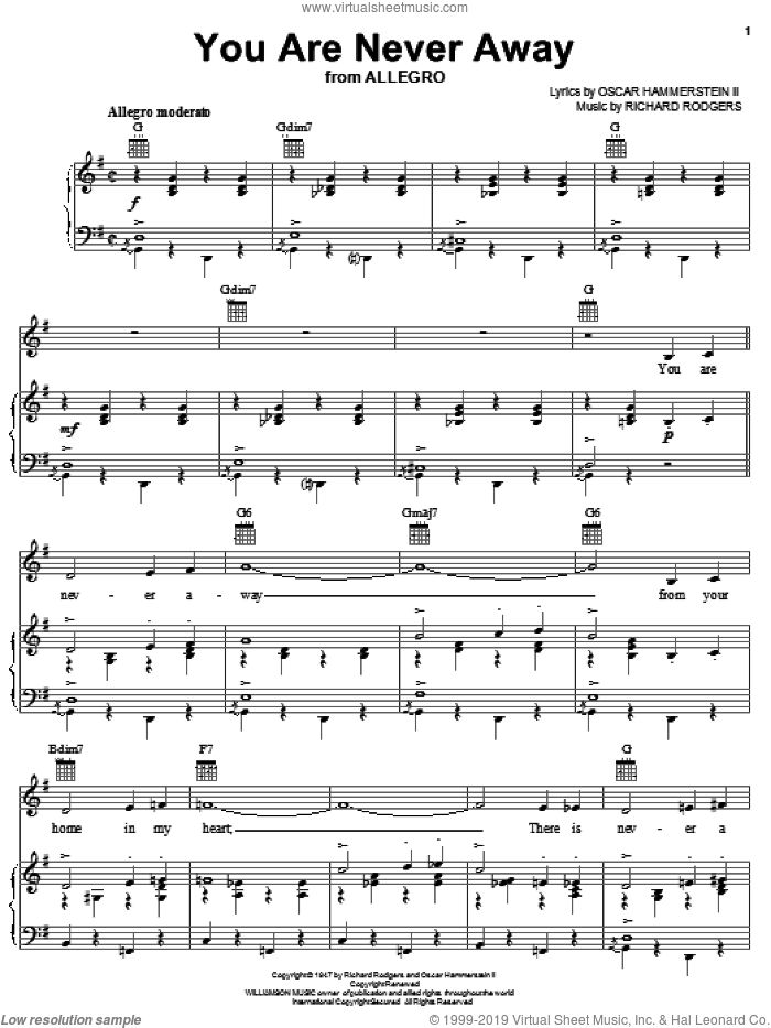 You Are Never Away sheet music for voice, piano or guitar by Richard Rodgers, Allegro (Musical), Hammerstein, Rodgers &, Oscar II Hammerstein and Rodgers & Hammerstein, intermediate skill level
