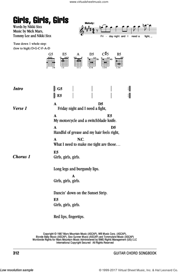 Girls, Girls, Girls sheet music for guitar (chords) by Motley Crue, Mick Mars, Nikki Sixx and Tommy Lee, intermediate skill level
