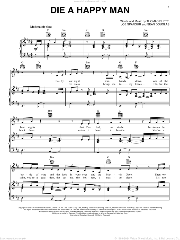 Die A Happy Man sheet music for voice, piano or guitar by Thomas Rhett, Joe Spargur and Sean Douglas, intermediate skill level