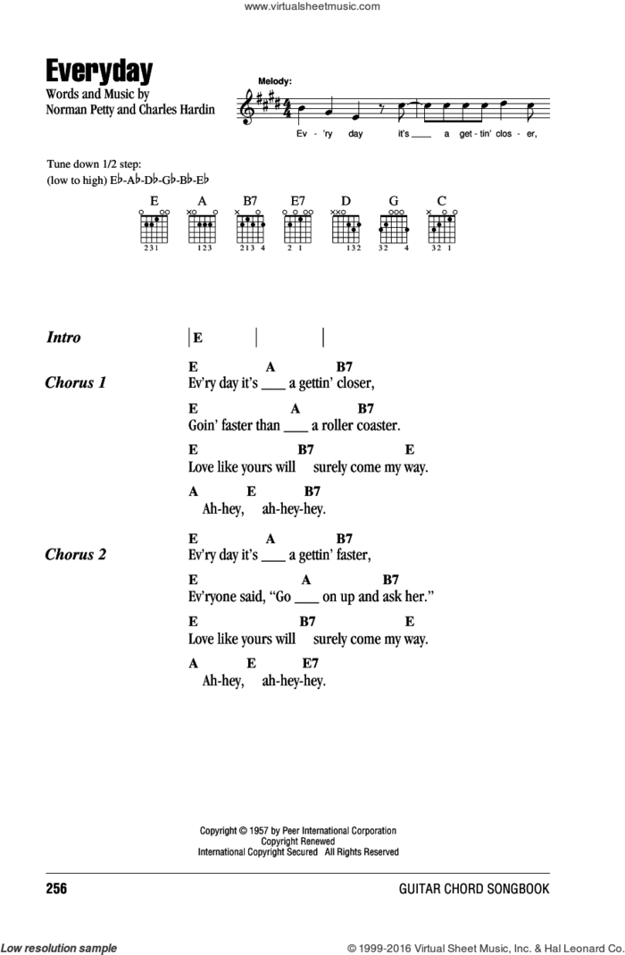 Everyday sheet music for guitar (chords) by Buddy Holly, Charles Hardin and Norman Petty, intermediate skill level