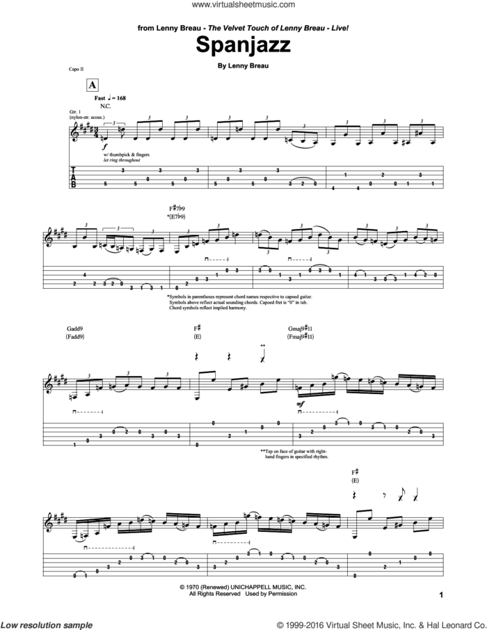 Spanjazz sheet music for guitar (tablature) by Lenny Breau, intermediate skill level