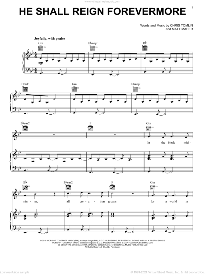 He Shall Reign Forevermore sheet music for voice, piano or guitar by Chris Tomlin and Matt Maher, intermediate skill level