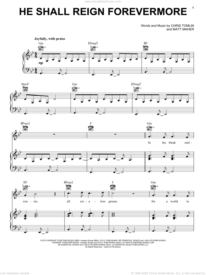 He Shall Reign Forevermore sheet music for voice, piano or guitar by Chris Tomlin and Matt Maher, intermediate skill level