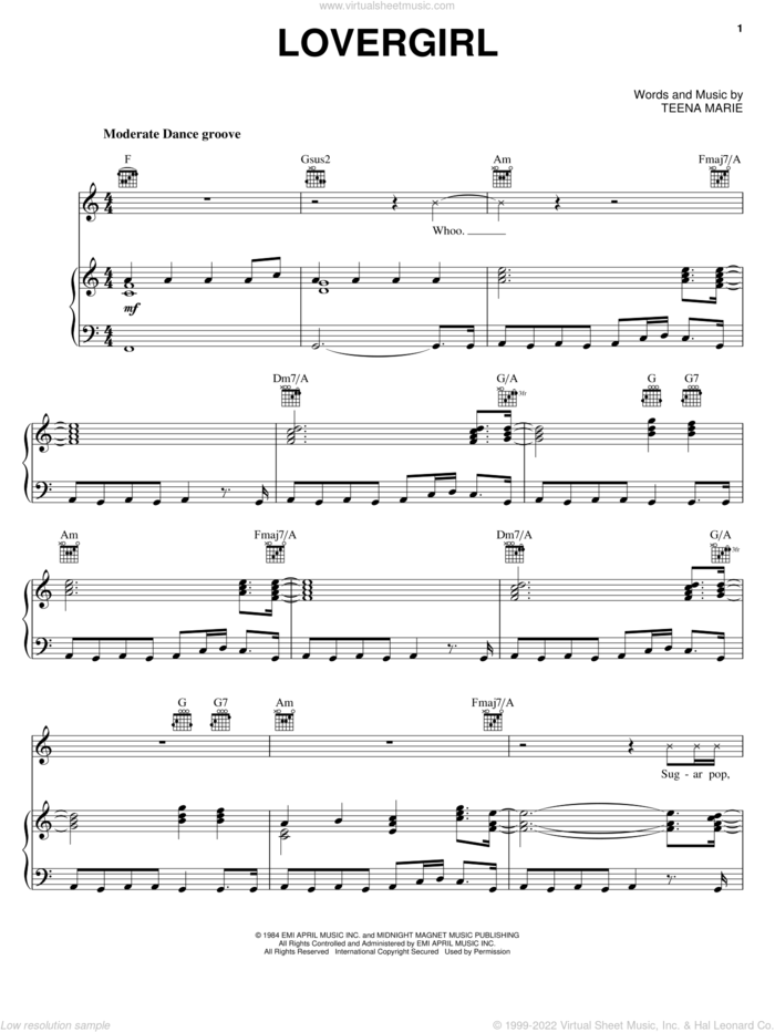 Lovergirl sheet music for voice, piano or guitar by Teena Marie, intermediate skill level
