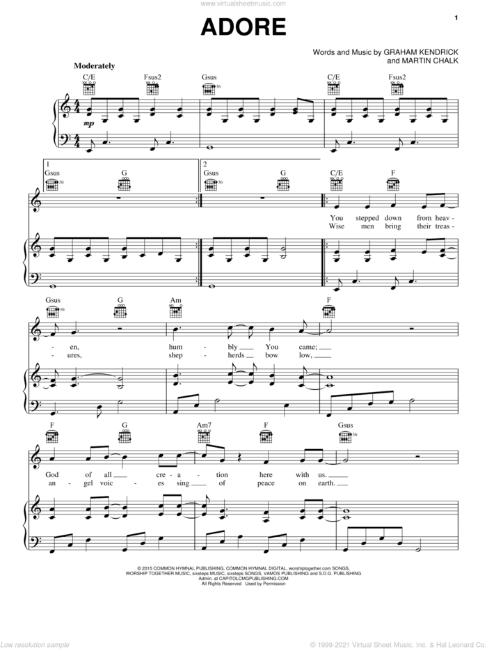 Adore sheet music for voice, piano or guitar by Chris Tomlin, Graham Kendrick and Martin Chalk, intermediate skill level