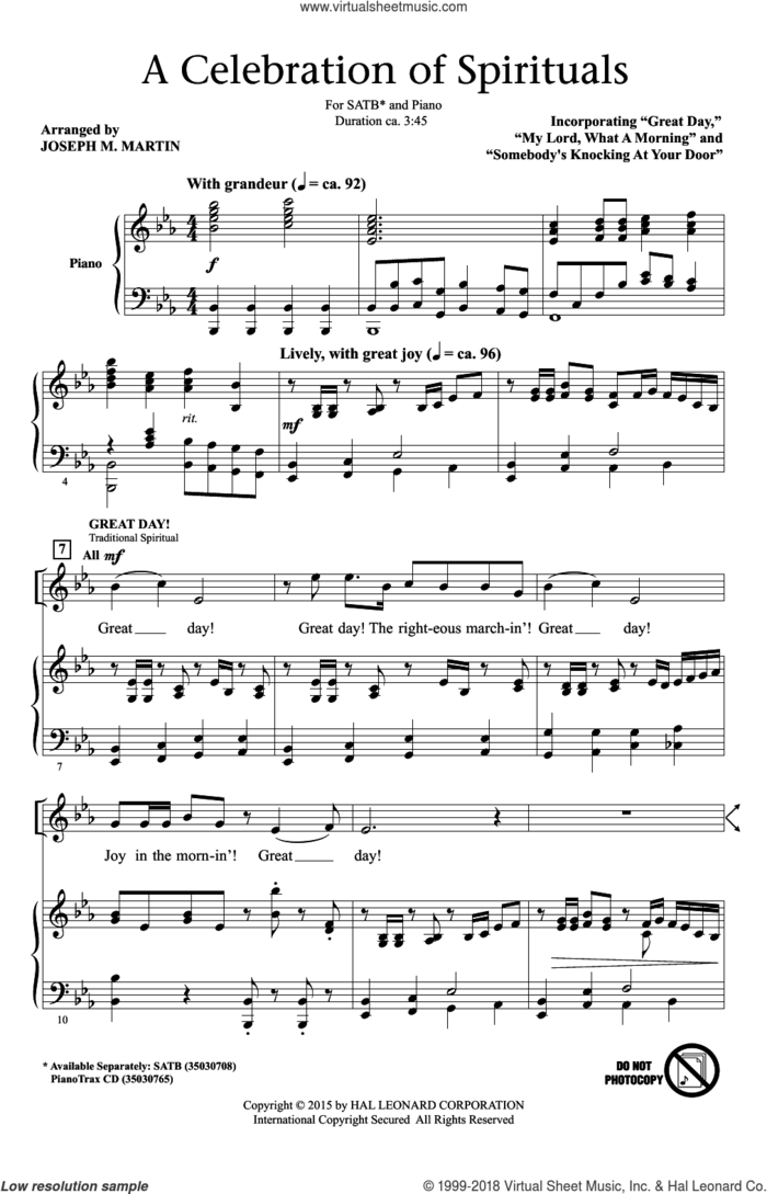 A Celebration Of Spirituals sheet music for choir (SATB: soprano, alto, tenor, bass) by Traditional Spirituals and Joseph M. Martin, intermediate skill level