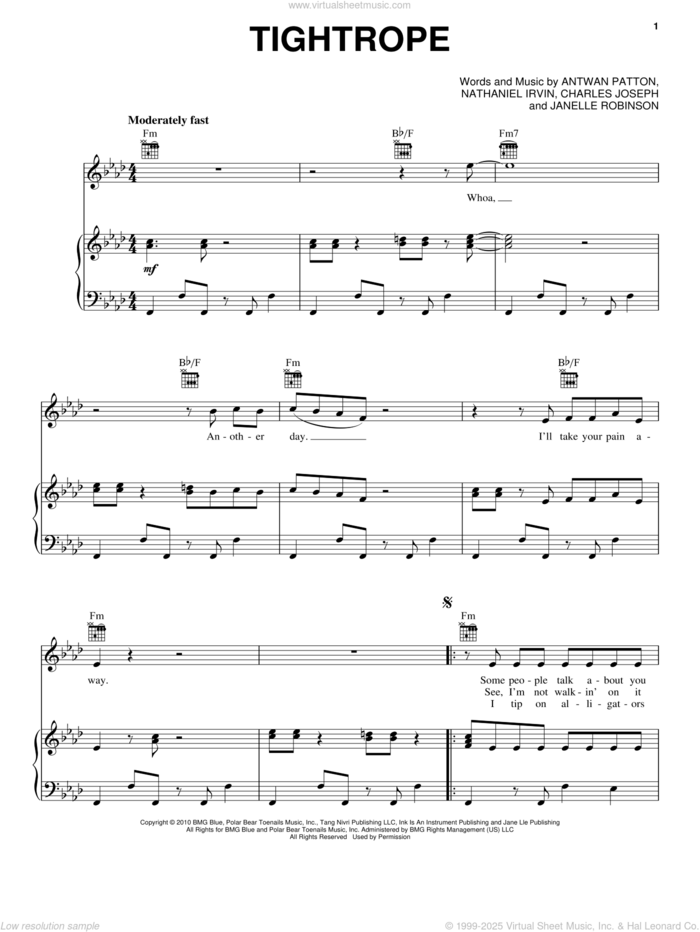 Tightrope sheet music for voice, piano or guitar by Janelle Monae, Janelle  Monae, Janelle MonAAe, Antwan Patton, Charles Joseph, Janelle Robinson and Nathaniel Irvin, intermediate skill level