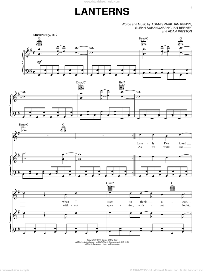 Lanterns sheet music for voice, piano or guitar by Birds Of Tokyo, Adam Spark, Adam Weston, Glenn Sarangapany, Ian Berney and Ian Kenny, intermediate skill level