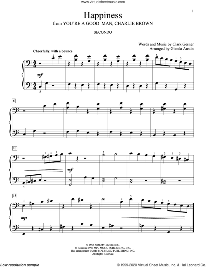 Happiness sheet music for piano four hands by Clark Gesner and Glenda Austin, intermediate skill level