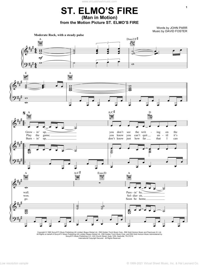 St. Elmo's Fire (Man In Motion) sheet music for voice, piano or guitar by John Parr and David Foster, intermediate skill level