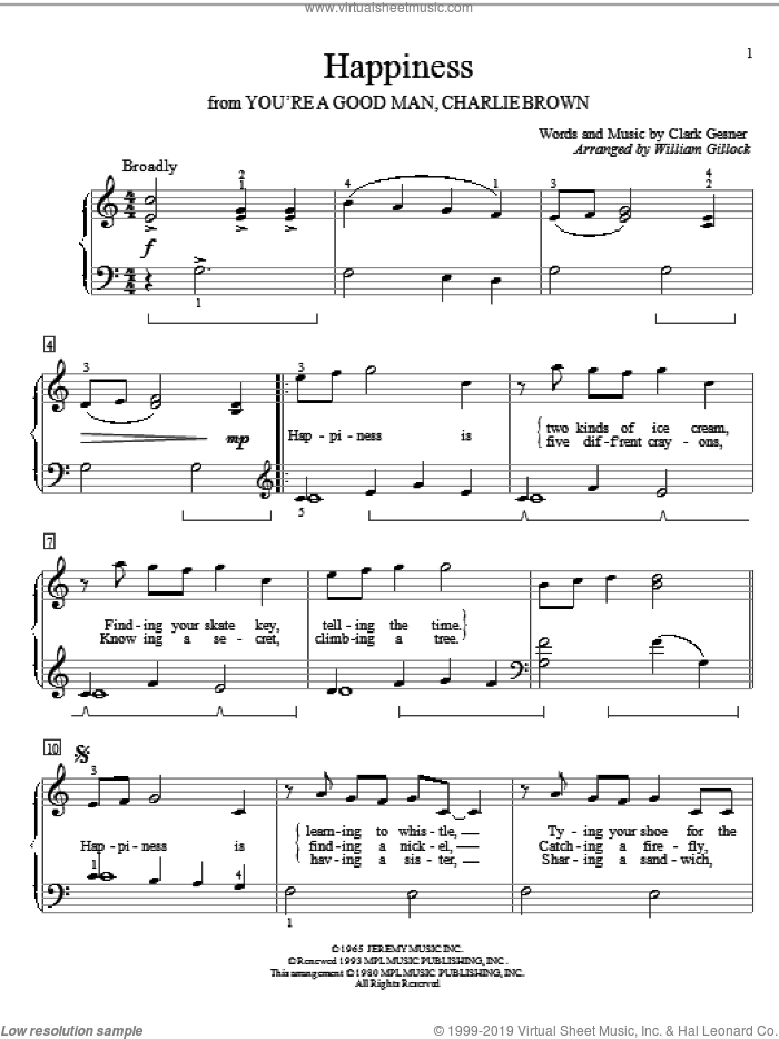 Happiness sheet music for piano solo (elementary) by Clark Gesner and William Gillock, beginner piano (elementary)