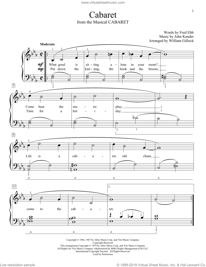 Cabaret (arr. William Gillock) sheet music for piano solo (elementary) by Kander & Ebb, Cabaret (Musical), William Gillock, Fred Ebb and John Kander, beginner piano (elementary)