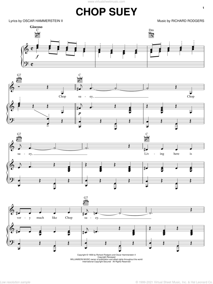 Chop Suey sheet music for voice, piano or guitar by Rodgers & Hammerstein, Flower Drum Song (Musical), Oscar II Hammerstein and Richard Rodgers, intermediate skill level