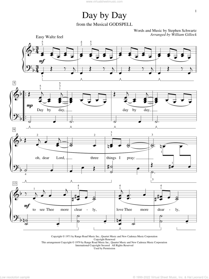 Day By Day (from Godspell) sheet music for piano solo (elementary) by Stephen Schwartz, William Gillock and Godspell (Musical), beginner piano (elementary)