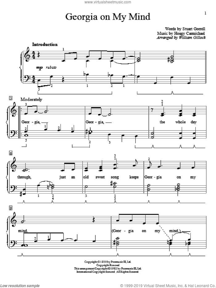 Georgia On My Mind sheet music for piano solo (elementary) by William Gillock, Hoagy Carmichael and Stuart Gorrell, beginner piano (elementary)
