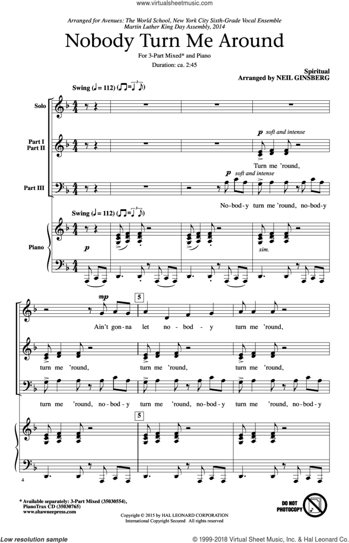 Nobody Turn Me Around (arr. Neil Ginsberg) sheet music for choir (3-Part Mixed) by Neil Ginsberg and African-American Folksong, intermediate skill level