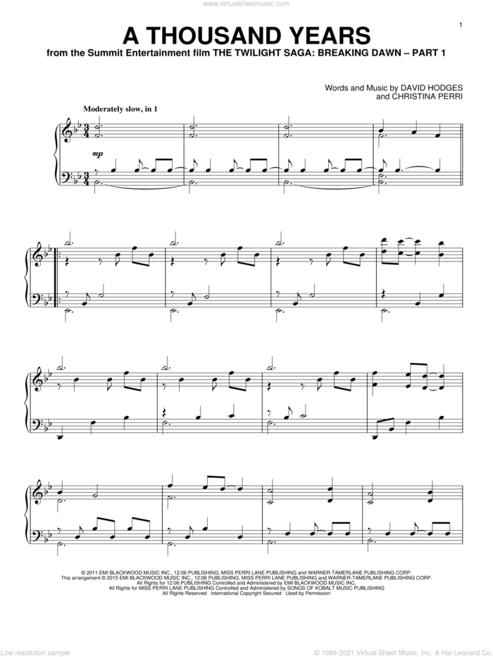 A Thousand Years, (intermediate) sheet music for piano solo by Christina Perri and David Hodges, wedding score, intermediate skill level