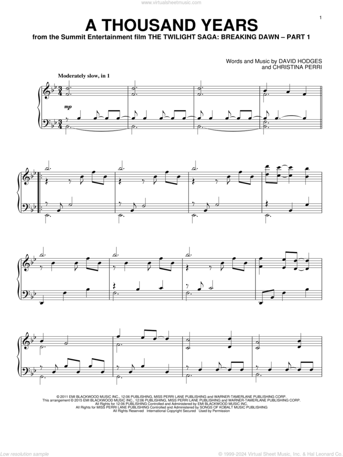 A Thousand Years, (intermediate) sheet music for piano solo by Christina Perri and David Hodges, wedding score, intermediate skill level