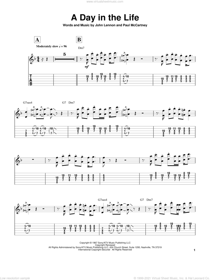 A Day In The Life sheet music for guitar (tablature, play-along) by Paul McCartney, The Beatles, Wes Montgomery and John Lennon, intermediate skill level