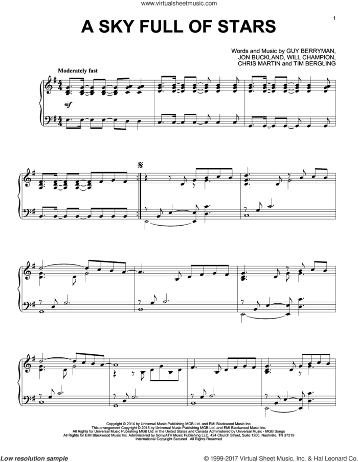 A Sky Full Of Stars, (intermediate) sheet music for piano solo by Coldplay, Chris Martin, Guy Berryman, Jon Buckland, Tim Bergling and Will Champion, wedding score, intermediate skill level