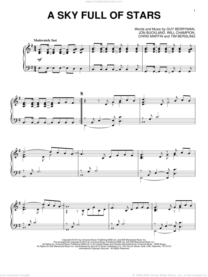 A Sky Full Of Stars, (intermediate) sheet music for piano solo by Coldplay, Chris Martin, Guy Berryman, Jon Buckland, Tim Bergling and Will Champion, wedding score, intermediate skill level