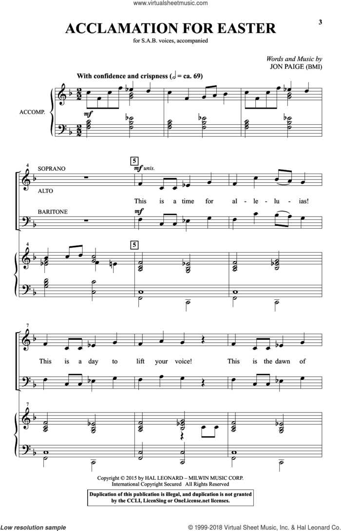 Acclamation For Easter sheet music for choir (SAB: soprano, alto, bass) by Jon Paige, intermediate skill level