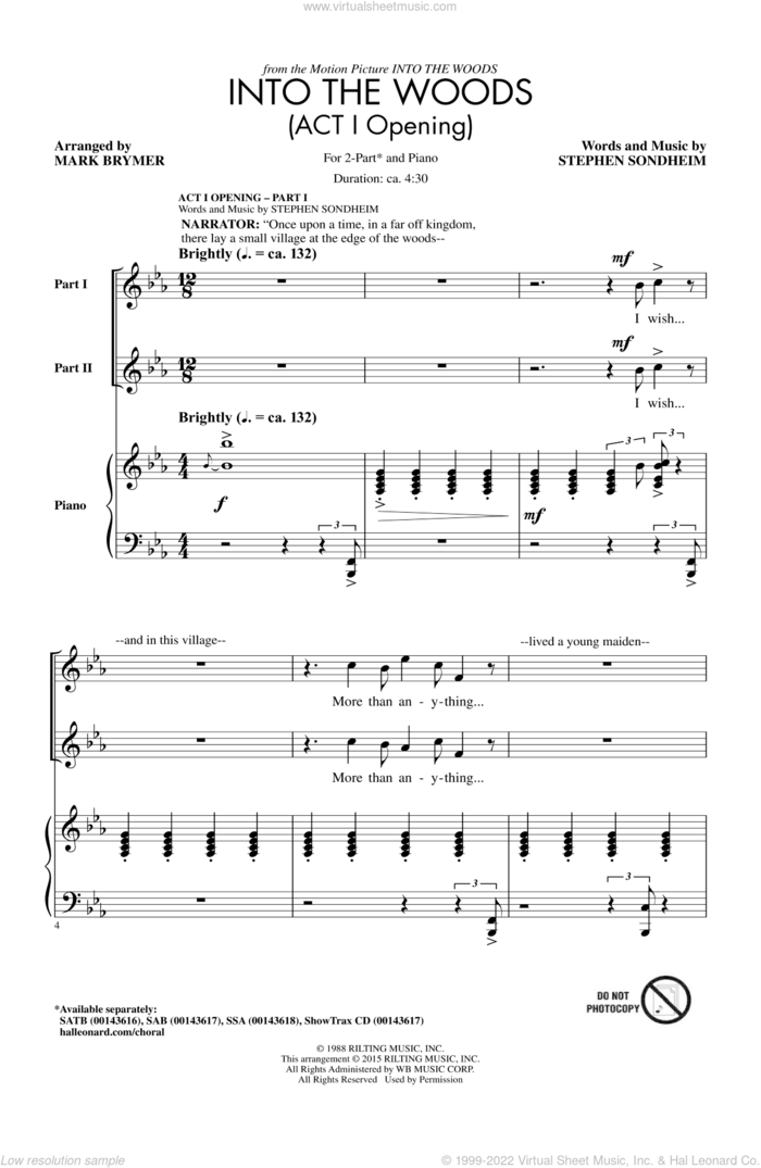 Into The Woods (Act I Opening) - Part I sheet music for choir (2-Part) by Stephen Sondheim and Mark Brymer, intermediate duet