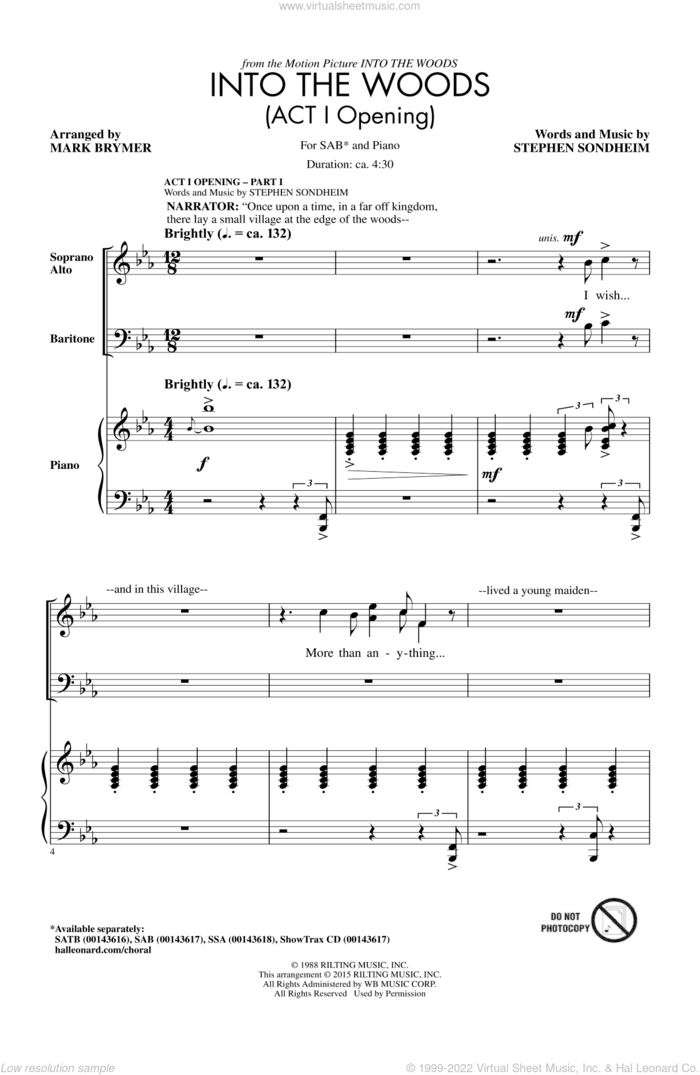 Into The Woods (Act I Opening) - Part I sheet music for choir (SAB: soprano, alto, bass) by Stephen Sondheim and Mark Brymer, intermediate skill level