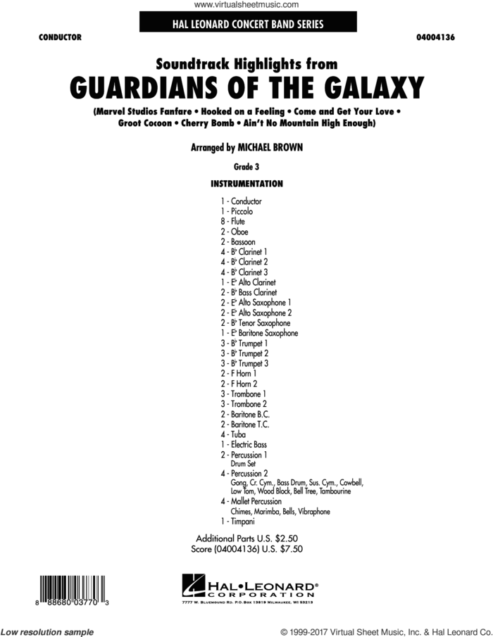 Soundtrack Highlights from Guardians of the Galaxy (COMPLETE) sheet music for concert band by Michael Brown, intermediate skill level