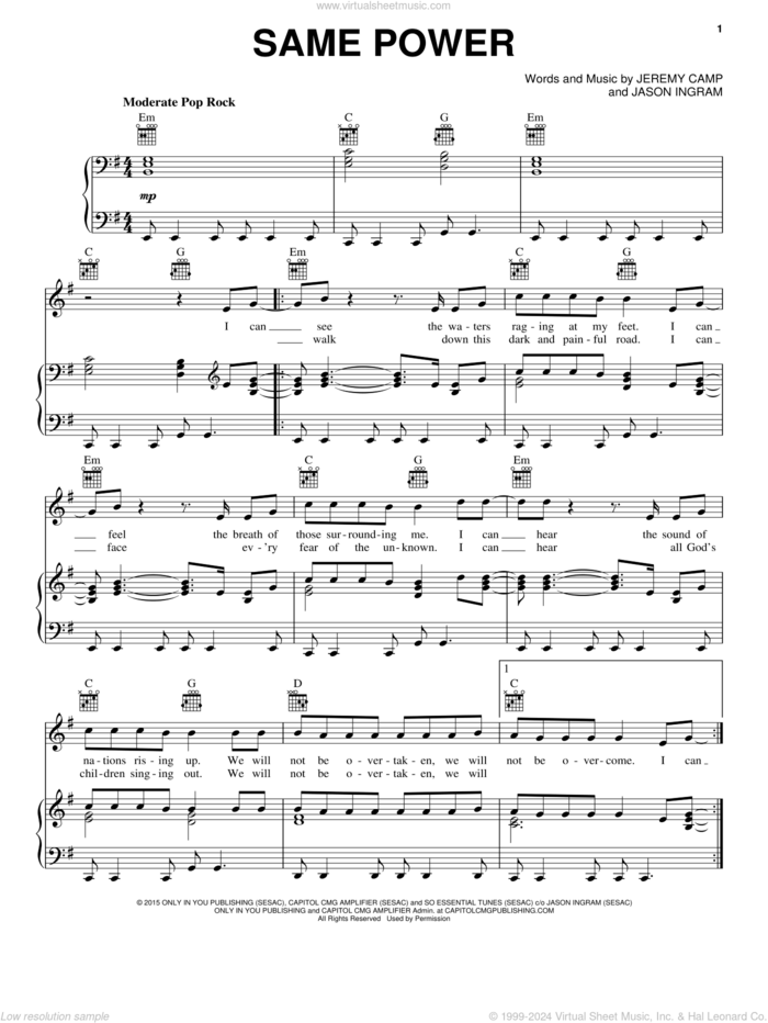 Same Power sheet music for voice, piano or guitar by Jeremy Camp and Jason Ingram, intermediate skill level