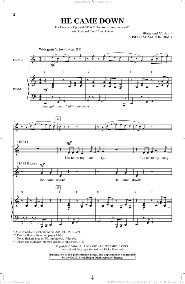 He Came Down sheet music for choir (2-Part) by Joseph M. Martin, intermediate duet